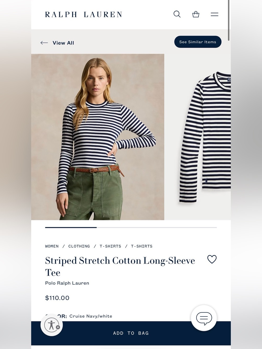 Polo by Ralph Lauren Cruise Navy & White Striped Stretch Cotton Long-Sleeve Tee